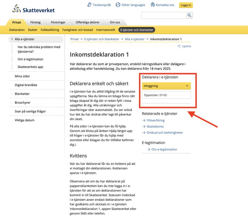 På Skatteverkets hemsida väljer du ”Inkomstdeklaration 1” och loggar sedan in i e-tjänsten. Foto: Skärmavbild Skatteverket På Skatteverkets hemsida väljer du ”Inkomstdeklaration 1” och loggar sedan in i e-tjänsten. Foto: Skärmavbild Skatteverket